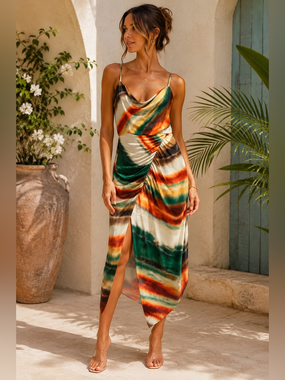 Liv Foster Sunset Marble Asymmetrical Watercolor Dress
